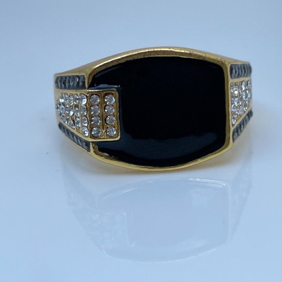 Men Ring Fashion Gold Tone Black Faux Stone Crystal Accent Men Jewelry Size 13 - Picture 3 of 11